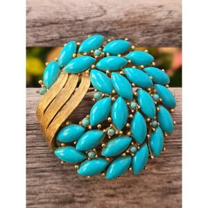 Vintage CROWN TRIFARI Faux TURQUOISE Gold Tone Pin Brooch, 2 inches